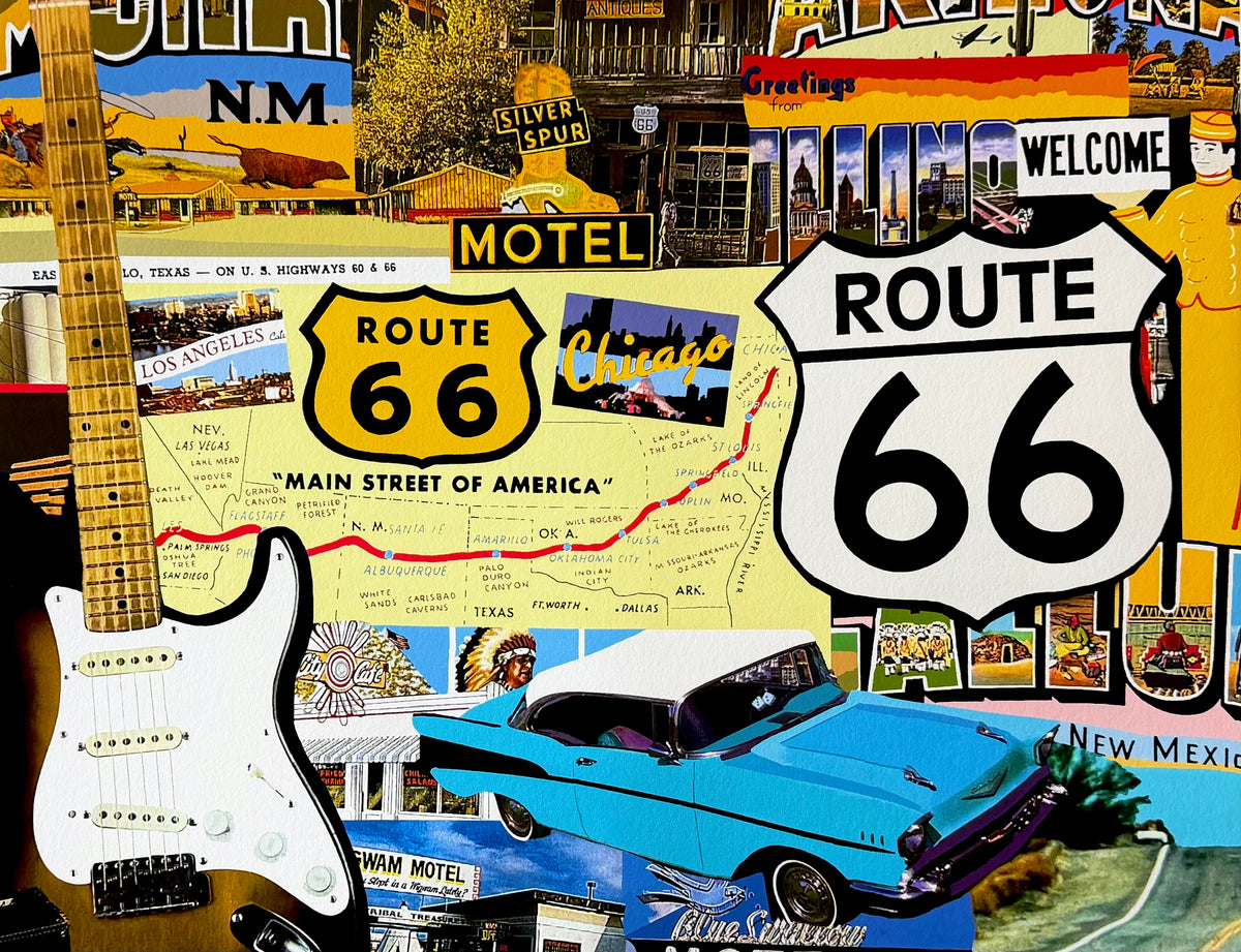 Detail of the signed and numbered Main Street of America limited edition, showing pencil signature and hand-cut paper edges. Route 66 collage print by Collage Misfit.