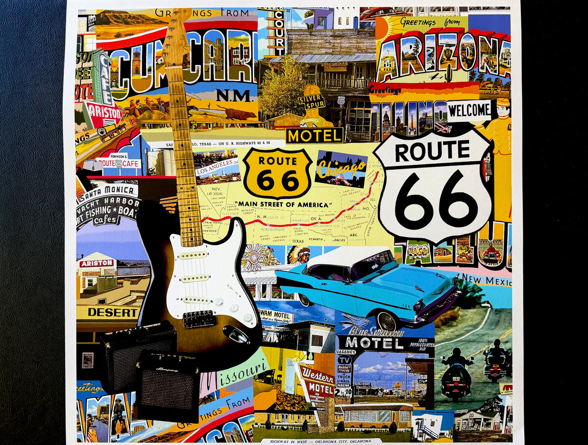 Signed and numbered hand-cut Route 66 collage on Hahnemuhle fine art paper, made from vintage Americana ephemera. Limited edition collage print by Collage Misfit.