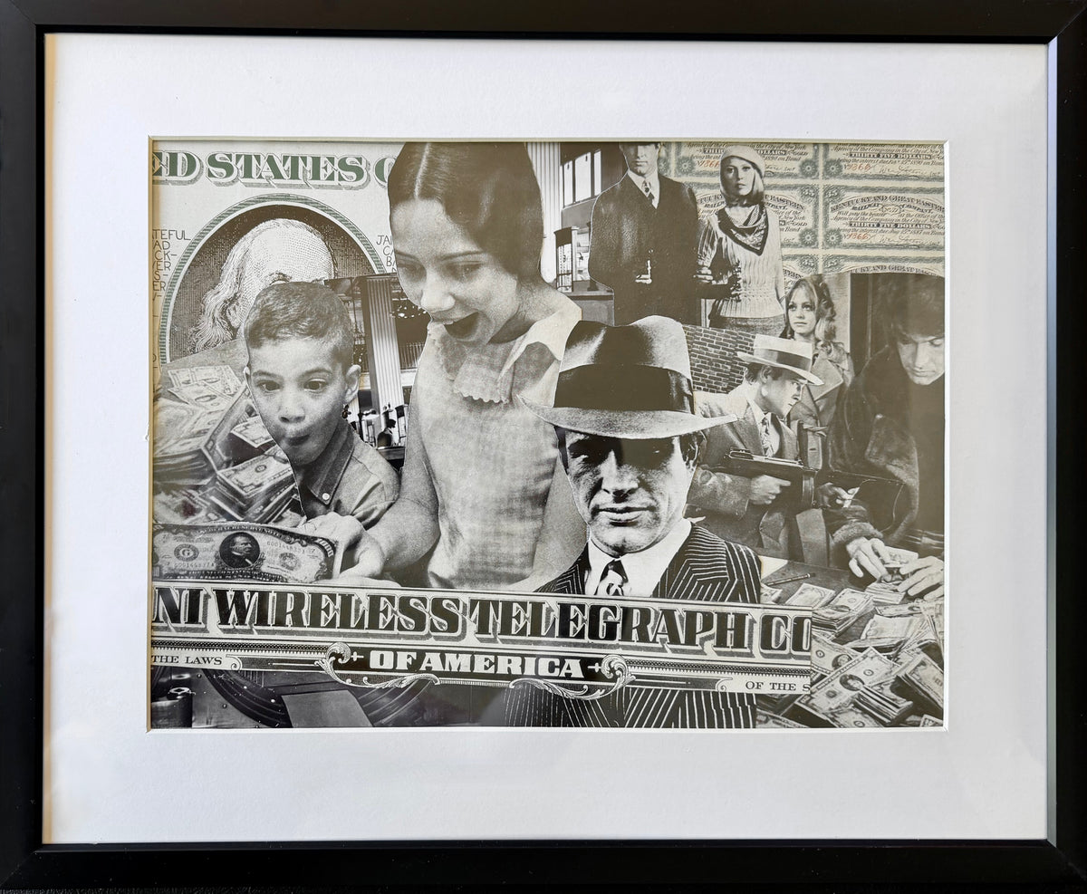 Detail view of Easy Money, a one-of-a-kind framed original collage, showing hand-cut paper edges and vintage currency imagery. Original collage art by Collage Misfit.