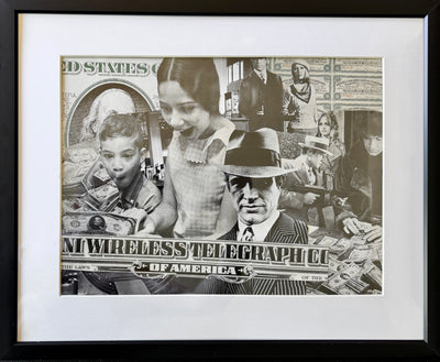 Detail view of Easy Money, a one-of-a-kind framed original collage, showing hand-cut paper edges and vintage currency imagery. Original collage art by Collage Misfit.