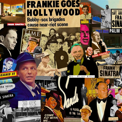 Hand-cut analog collage tribute to Frank Sinatra built from old Hollywood imagery, Rat Pack mythology, and vintage Vegas ephemera. Rock and roll collage art by Collage Misfit.