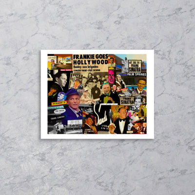 Framed mockup of Sinatra, a hand-cut collage tribute to Frank Sinatra. Wall-art view of rock and roll collage print by Collage Misfit.