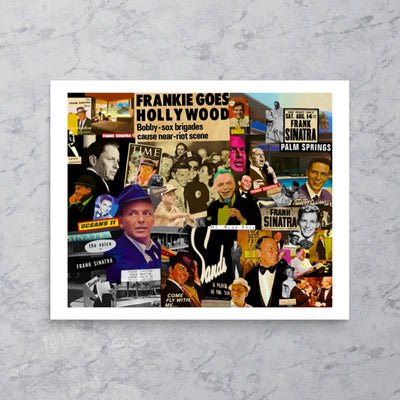 Detail view of Sinatra showing hand-cut paper edges and old Hollywood imagery. Rock and roll collage art by Collage Misfit.