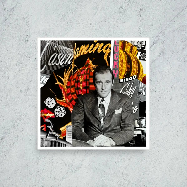 Framed mockup of Bugsy Siegel, a hand-cut Las Vegas mob collage. Wall-art view of surreal crime collage print by Collage Misfit.