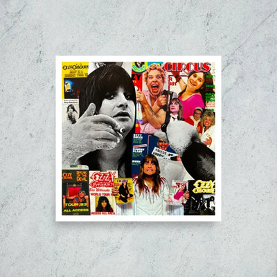 Framed mockup of Ozzy, a hand-cut collage tribute to Ozzy Osbourne. Wall-art view of rock and roll collage print by Collage Misfit.