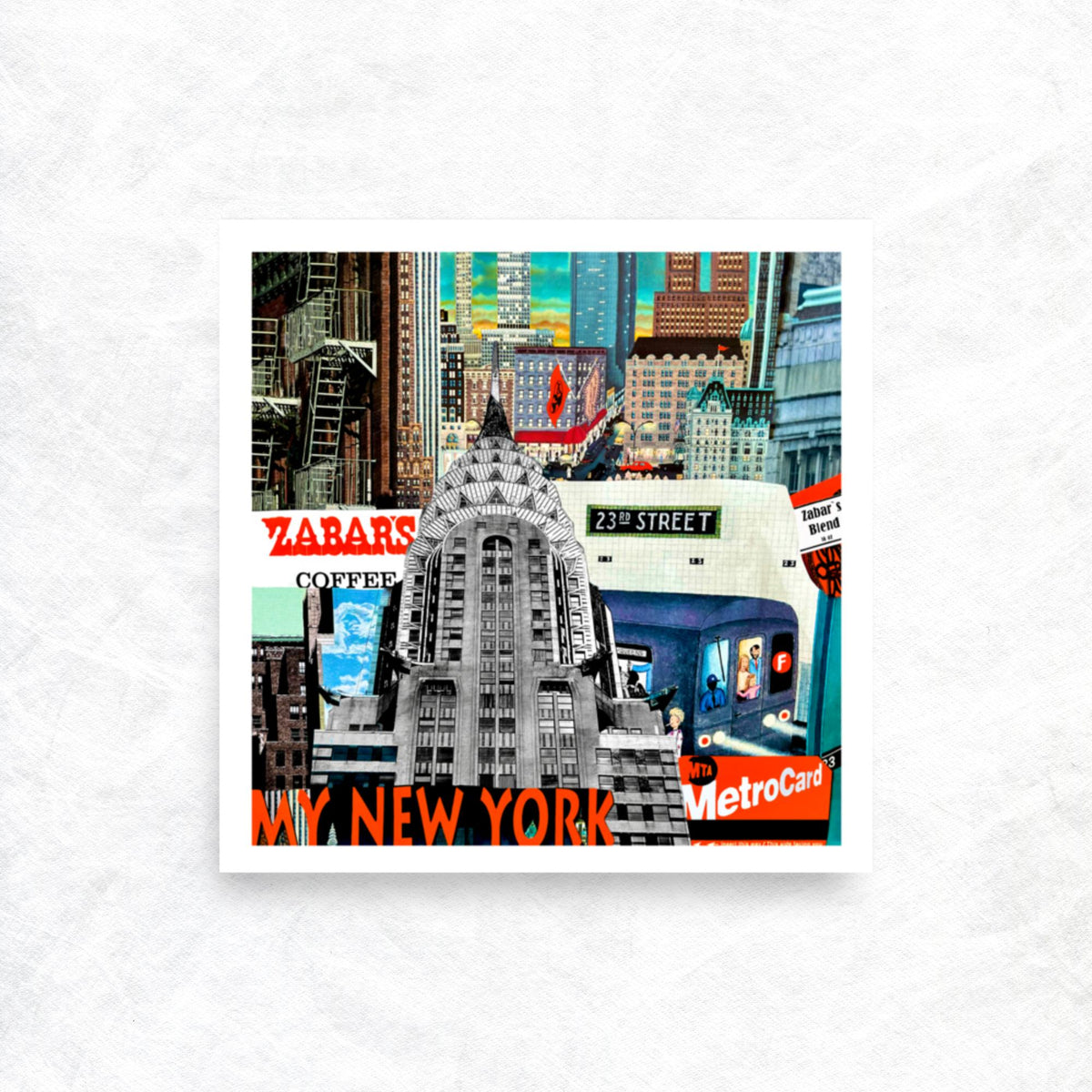 Framed mockup of My New York, a hand-cut NYC collage. Wall-art view of New York Americana collage print by Collage Misfit.