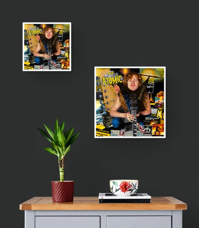 Framed mockup of Atomic Rocker, a hand-cut 80s heavy metal collage. Wall-art view of rock and roll collage print by Collage Misfit.